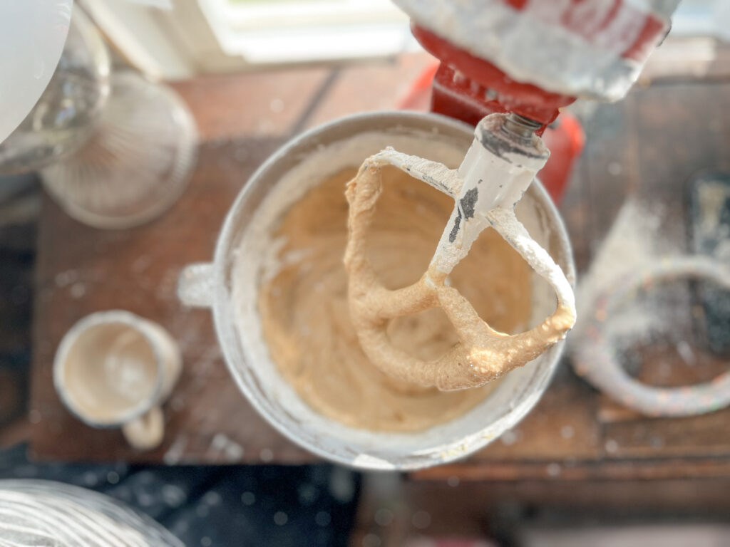 Kitchen-aid mixer with einkorn applesauce cake batter