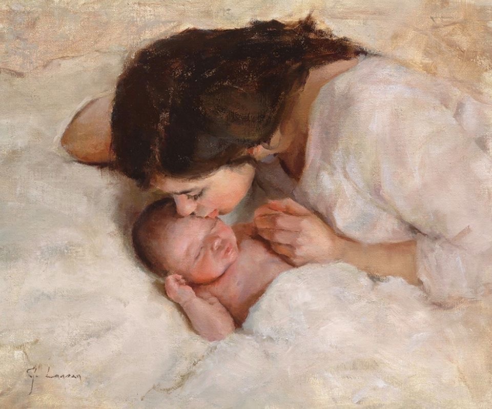 painting of a woman laying and kissing her baby 