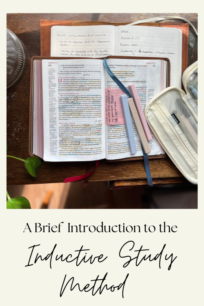 Bible sitting on a table with highlighters and a bag of pins. The inductive bible study method 