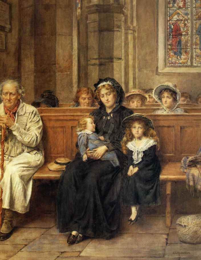woman holding her children in church